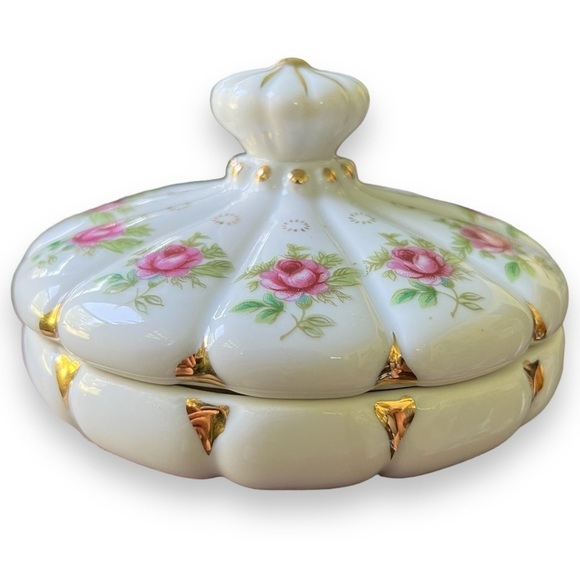 Vintage Other - Vintage Japan Rose & Gold Handmade Lidded Dresser Jar